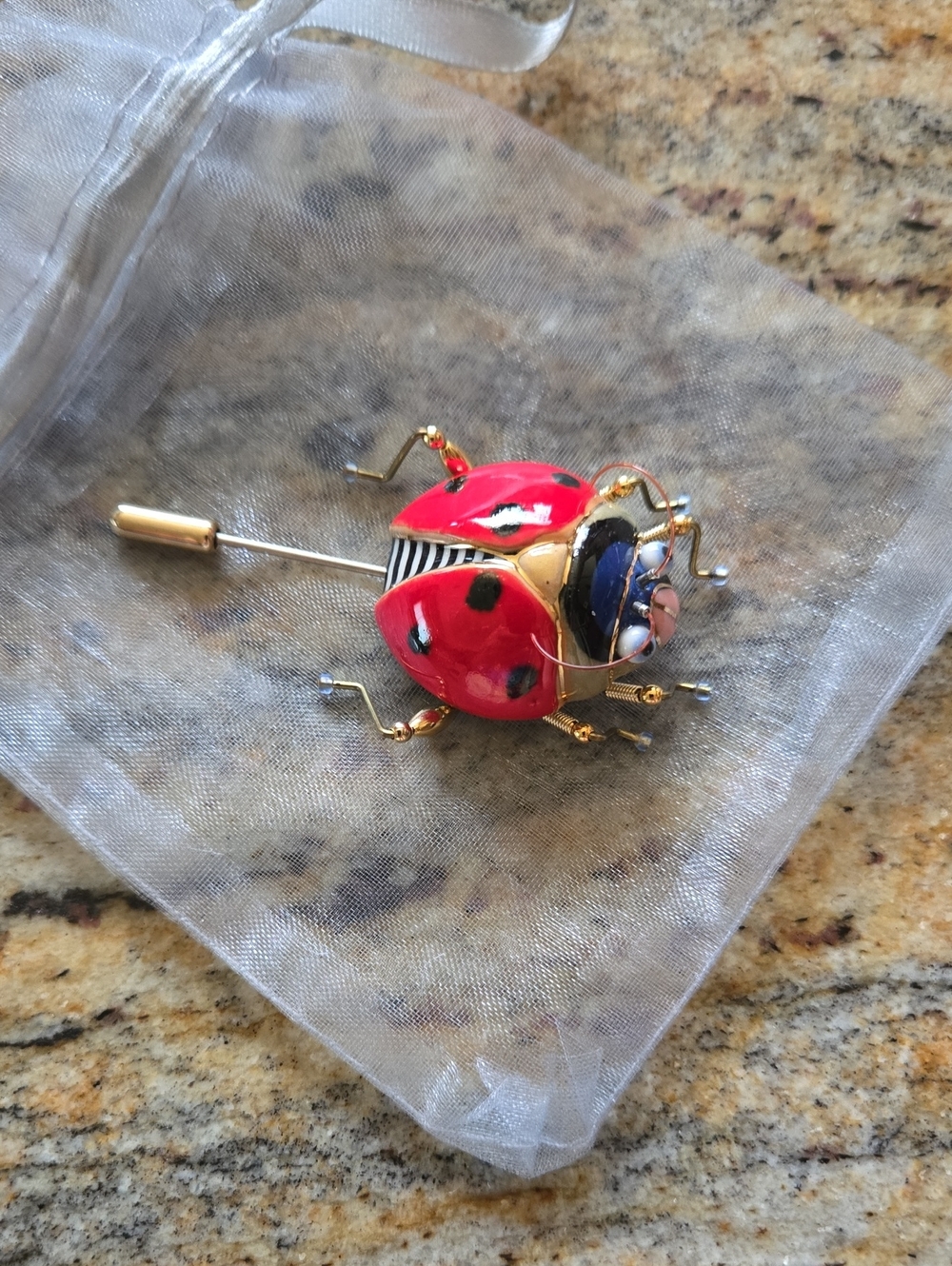 Gold Tone Red Ladybug Stick Pin Brooch -